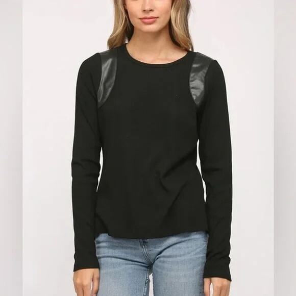 NWT Nicki Minaj Faux Leather Trim Long Sleeve Black Top Size XS - Picture 1 of 7